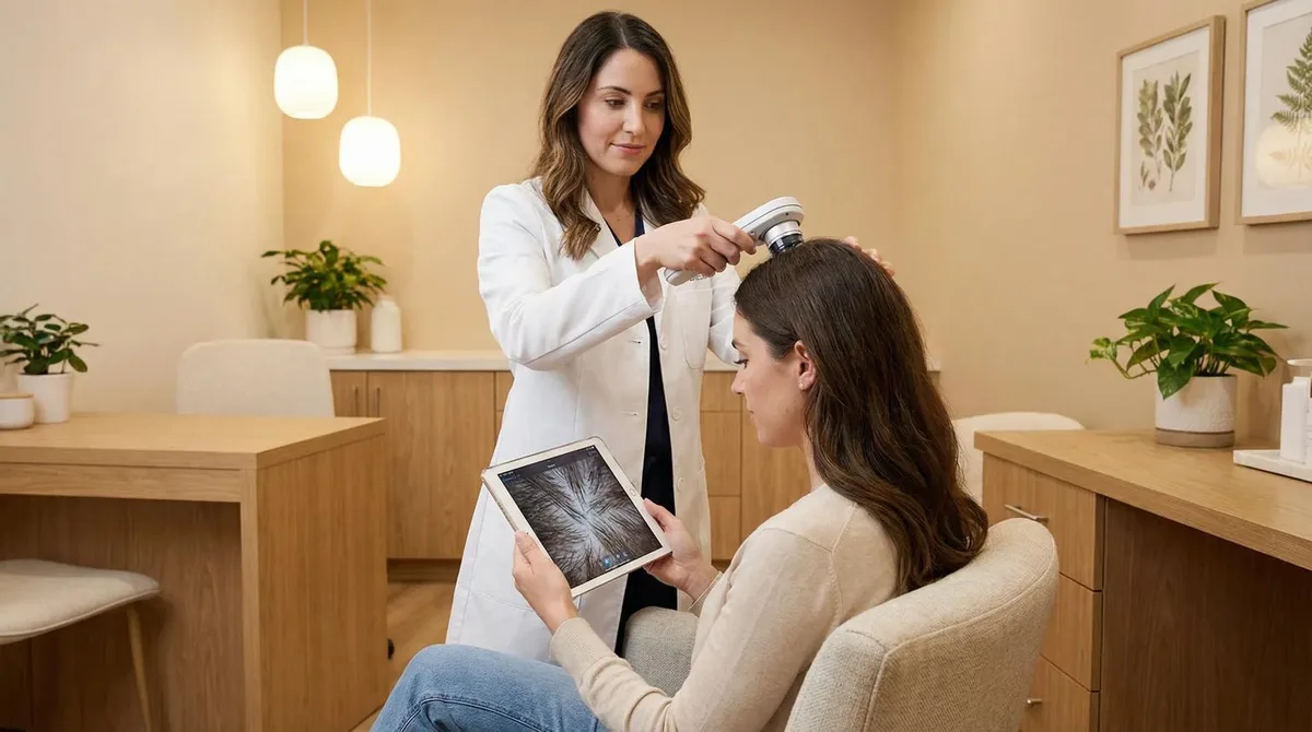 A dermatologist using a trichoscope on a seated patient while reviewing the magnified scalp image on a tablet.