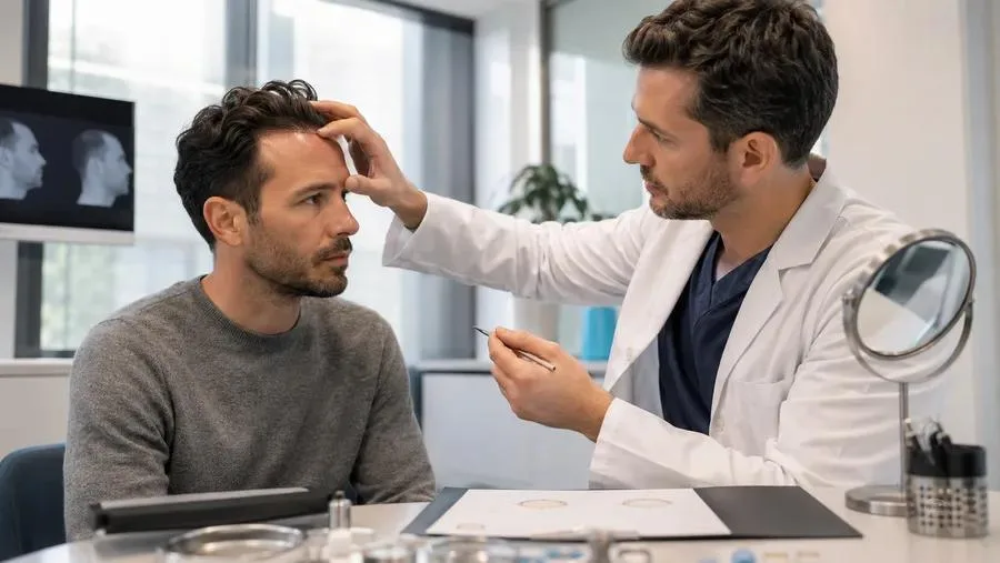 A dermatologist examining a seated patient's hairline across a consultation desk.