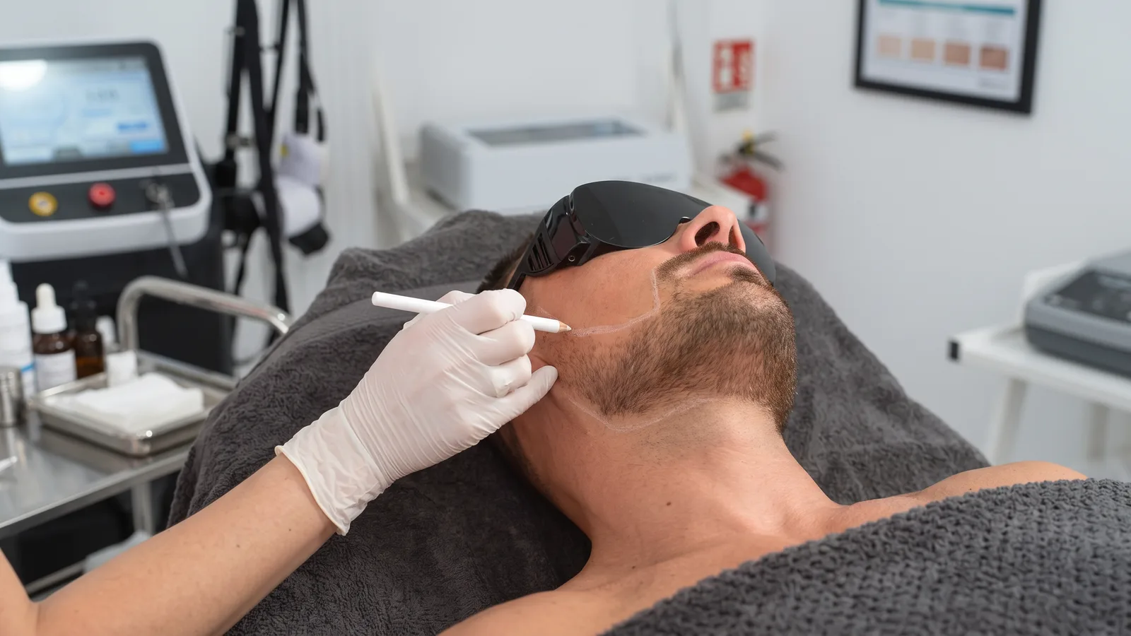 A clinician marking the beard transplant outline along a patient’s cheek and jaw.