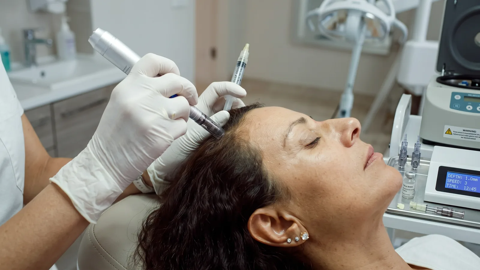 A clinician performing a female hair restoration treatment along the frontal hairline.