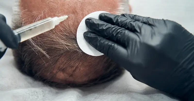 Doctor in gloves giving a scalp injection treatment to a patient with thinning hair