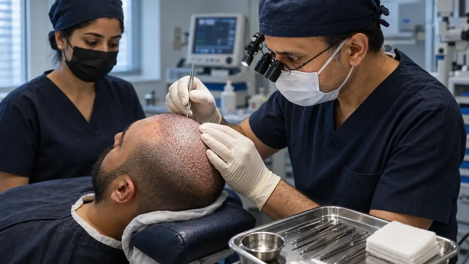 Hair transplant procedure at Neo Follicle, Bangalore: a surgeon wearing magnifying loupes places grafts on a patient's scalp while an assistant watches