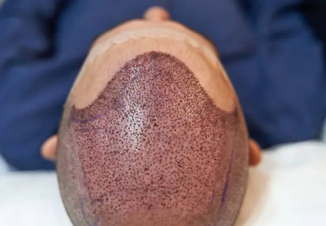 Close-up of a scalp with the hairline and crown marked out before a follicular unit extraction procedure.