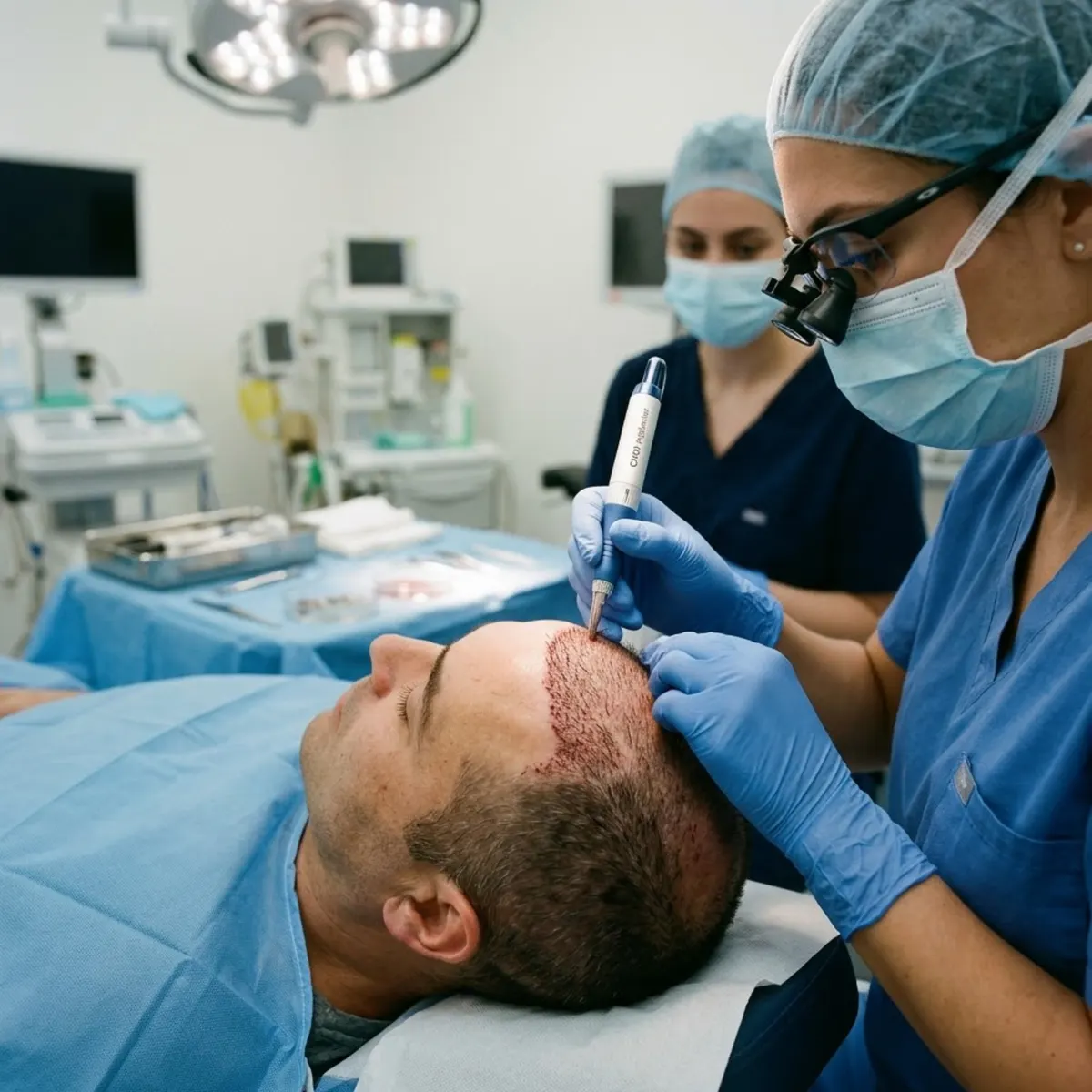 A surgeon in magnifying loupes implanting grafts along a reclining patient’s hairline in a clinic procedure room.