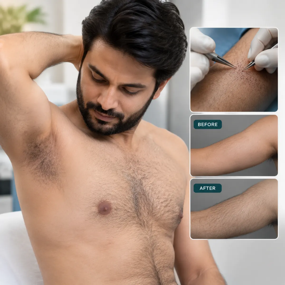 A man with body hair, beside inset close-ups of a body donor area being assessed.