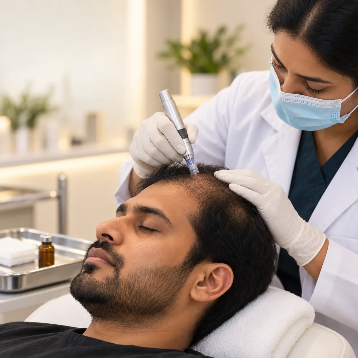 A clinician using a microneedling pen on the thinning scalp of a reclining patient in a dermatology clinic.