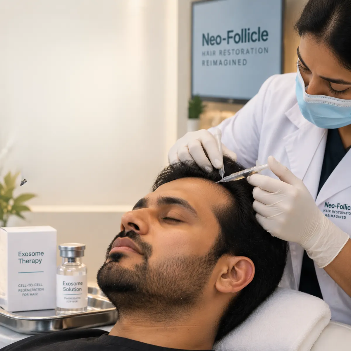 A clinician treating a reclining man’s scalp, with an Exosome Therapy vial and box on the tray beside him.