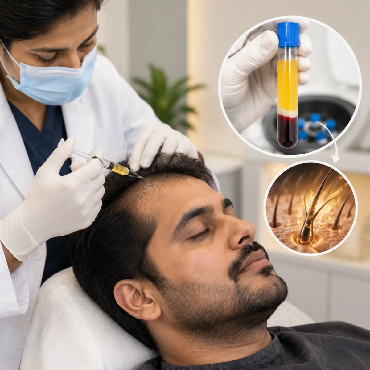A clinician injecting a reclining man’s scalp, with insets of a blood sample tube and a hair follicle.