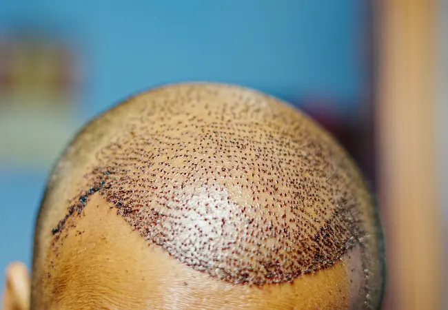 Scalp micropigmentation creating the appearance of density on a close-shaved scalp.