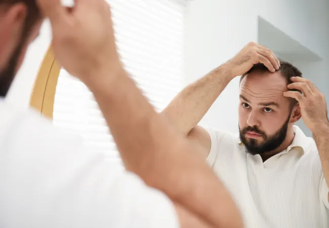 A receding hairline with temple recession.