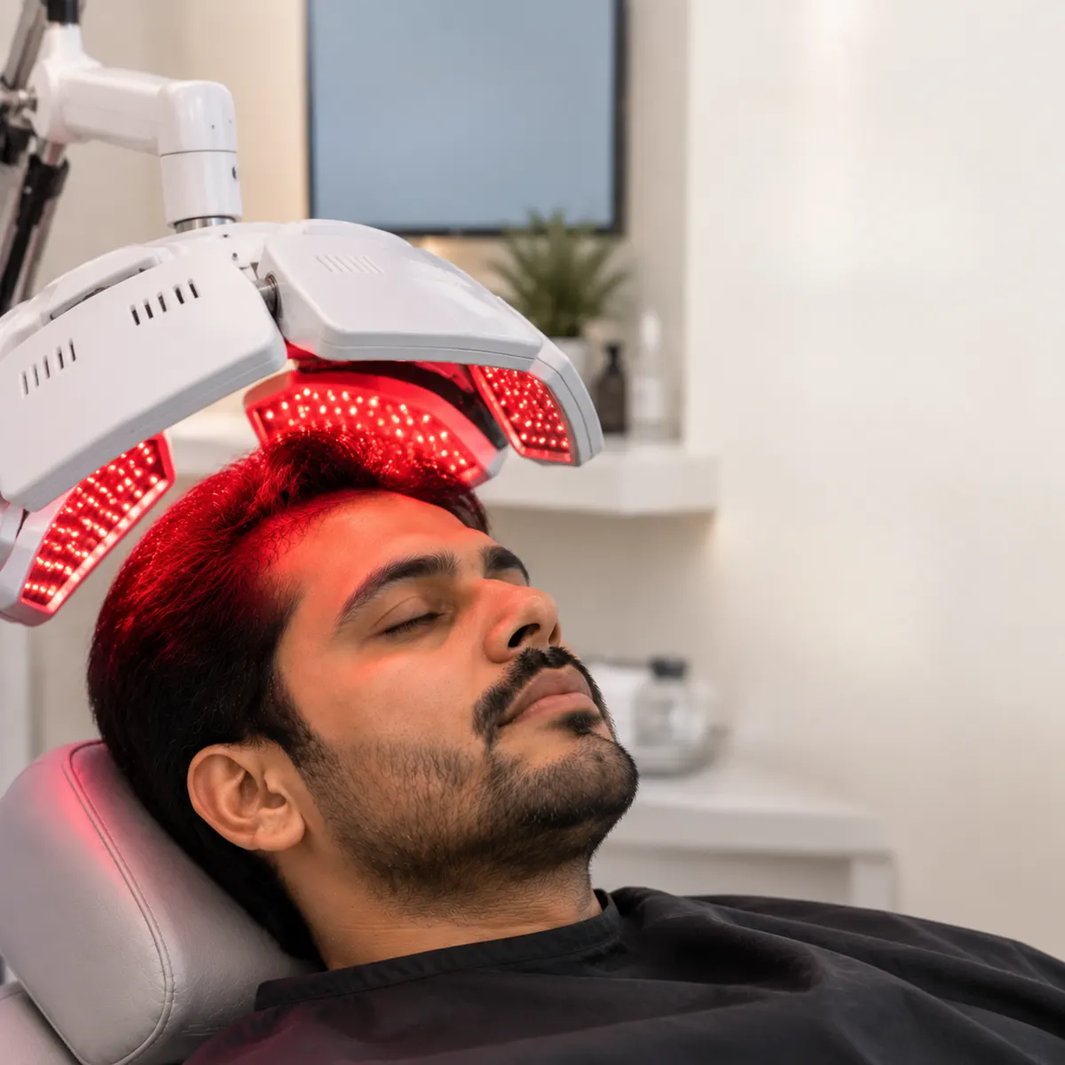 A reclining man having his scalp treated under a red-light therapy device.