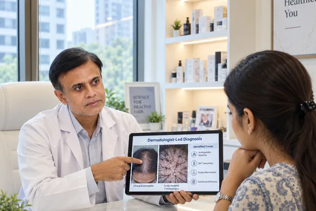 A dermatologist at a consulting desk showing a patient a tablet with a scalp trichoscopy comparison.